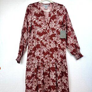 Lark + Grey Maxi Floral Shirt Dress Women Small Burgundy Cottage Whimsy Boho